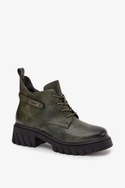 Niskie Ocieplane Botki Damskie Na Klocku Z Ozdobnym Paskiem Ciemnozielone Therisse