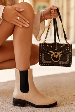 Niskie Skórzane Botki Sztyblety Damskie Beżowe Tyber