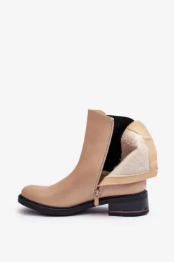 Niskie Skórzane Botki Sztyblety Damskie Beżowe Tyber