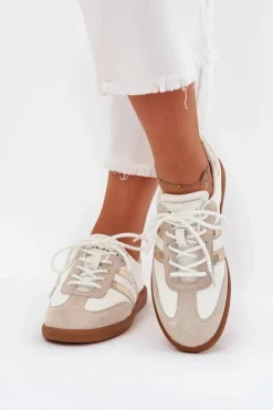 Niskie Skórzane Sneakersy Damskie Biało-Złote Ismina