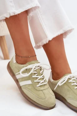 Niskie Skórzane Sneakersy Damskie Limonkowe Ismina