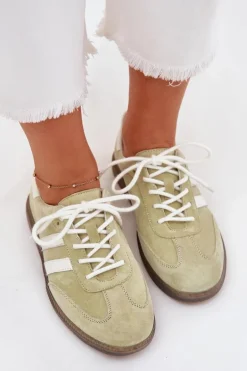 Niskie Skórzane Sneakersy Damskie Limonkowe Ismina