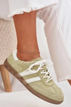 Niskie Skórzane Sneakersy Damskie Limonkowe Ismina