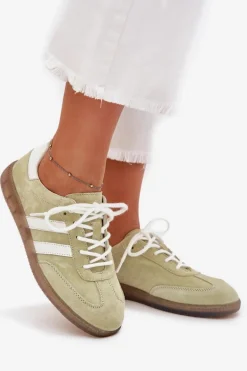 Niskie Skórzane Sneakersy Damskie Limonkowe Ismina