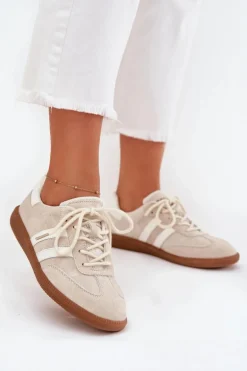 Niskie Skórzane Sneakersy Damskie Beżowe Ismina