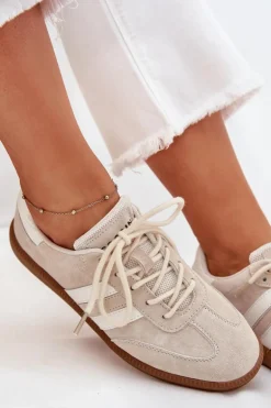 Niskie Skórzane Sneakersy Damskie Beżowe Ismina