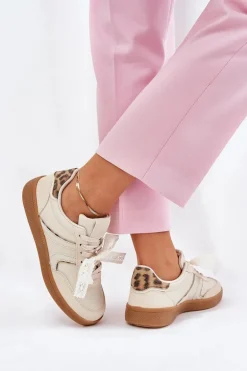Niskie Sneakersy Damskie Z Koronką Panterka Beżowe Zielle