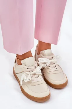 Niskie Sneakersy Damskie Z Koronką Panterka Beżowe Zielle
