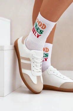 Niskie Sneakersy Damskie Z Eko Skóry Beżowo-Białe Nonalorin