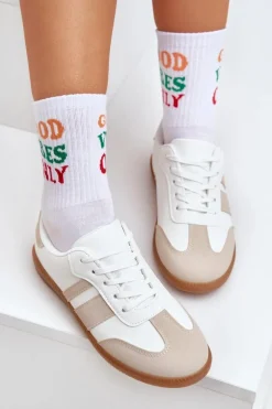 Niskie Sneakersy Damskie Z Eko Skóry Beżowo-Białe Nonalorin