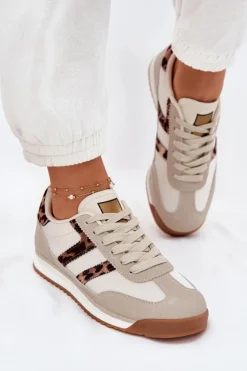 Niskie Sneakersy Damskie Panterka Beżowe Rulaana