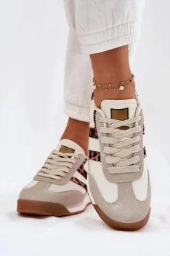 Niskie Sneakersy Damskie Panterka Beżowe Rulaana