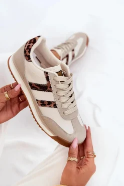 Niskie Sneakersy Damskie Panterka Beżowe Rulaana