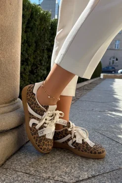 Niskie Sneakersy Damskie Z Koronką Panterka Brązowe Zielle