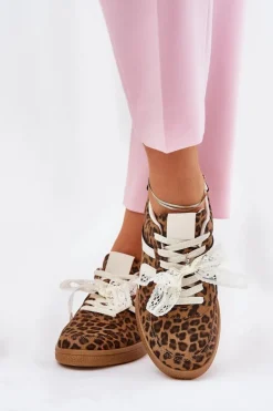 Niskie Sneakersy Damskie Z Koronką Panterka Brązowe Zielle