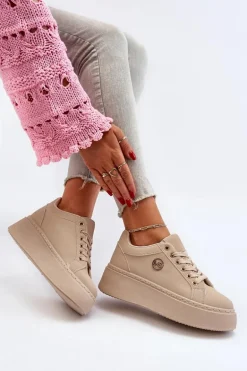 Niskie Sneakersy Damskie Na Platformie Beżowe Telirra