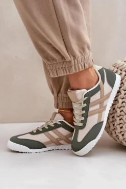 Niskie Tenisówki Trampki Damskie Beżowo-Zielone Eezore