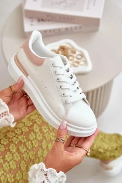 Niskie Trampki Damskie Na Platformie Z Eko Skóry Biało-Różowo Nevelena