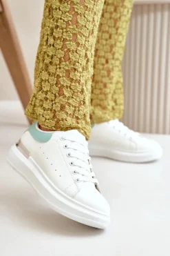 Niskie Trampki Damskie Na Platformie Z Eko Skóry Biało-Zielone Nevelena