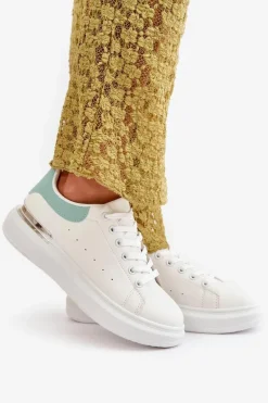 Niskie Trampki Damskie Na Platformie Z Eko Skóry Biało-Zielone Nevelena