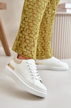 Niskie Trampki Damskie Na Platformie Z Eko Skóry Biało-Beżowe Nevelena