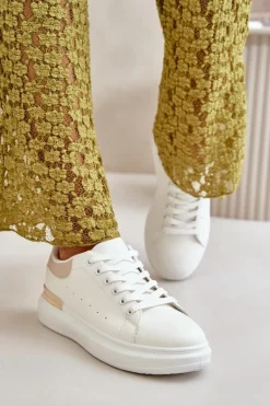 Niskie Trampki Damskie Na Platformie Z Eko Skóry Biało-Beżowe Nevelena