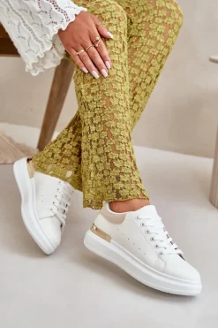 Niskie Trampki Damskie Na Platformie Z Eko Skóry Biało-Beżowe Nevelena