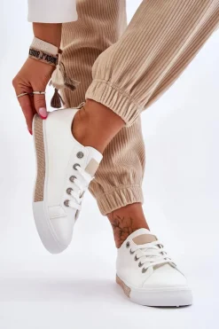 Niskie Trampki Damskie Z Dżetami Biało-Beżowe Demira