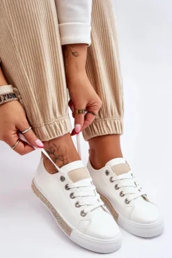 Niskie Trampki Damskie Z Dżetami Biało-Beżowe Demira