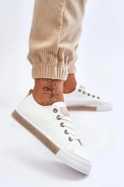 Niskie Trampki Damskie Z Dżetami Biało-Beżowe Demira