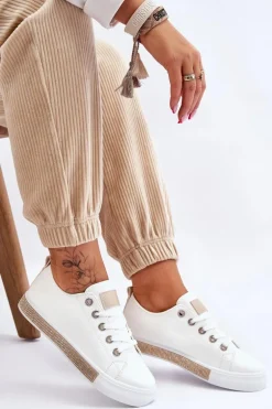 Niskie Trampki Damskie Z Dżetami Biało-Beżowe Demira