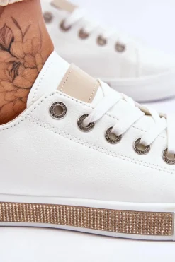 Niskie Trampki Damskie Z Dżetami Biało-Beżowe Demira