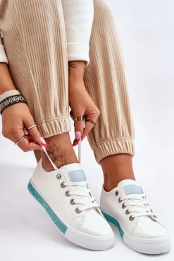 Niskie Trampki Damskie Z Dżetami Biało-Niebieskie Demira