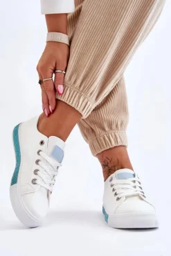 Niskie Trampki Damskie Z Dżetami Biało-Niebieskie Demira