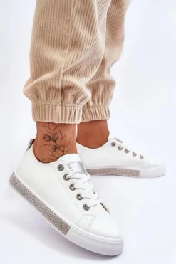 Niskie Trampki Damskie Z Dżetami Biało-Srebrne Demira