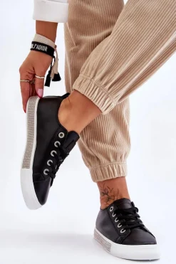 Niskie Trampki Damskie Z Dżetami Czarno-Białe Demira