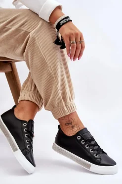 Niskie Trampki Damskie Z Dżetami Czarno-Białe Demira