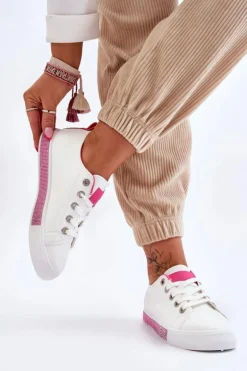 Niskie Trampki Damskie Z Dżetami Biało-Różowe Demira