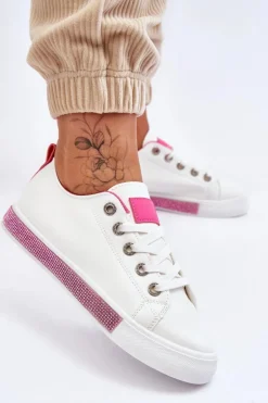 Niskie Trampki Damskie Z Dżetami Biało-Różowe Demira