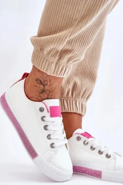 Niskie Trampki Damskie Z Dżetami Biało-Różowe Demira