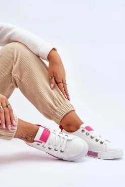 Niskie Trampki Damskie Z Dżetami Biało-Różowe Demira