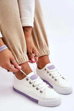 Niskie Trampki Damskie Z Dżetami Biało-Fioletowe Demira