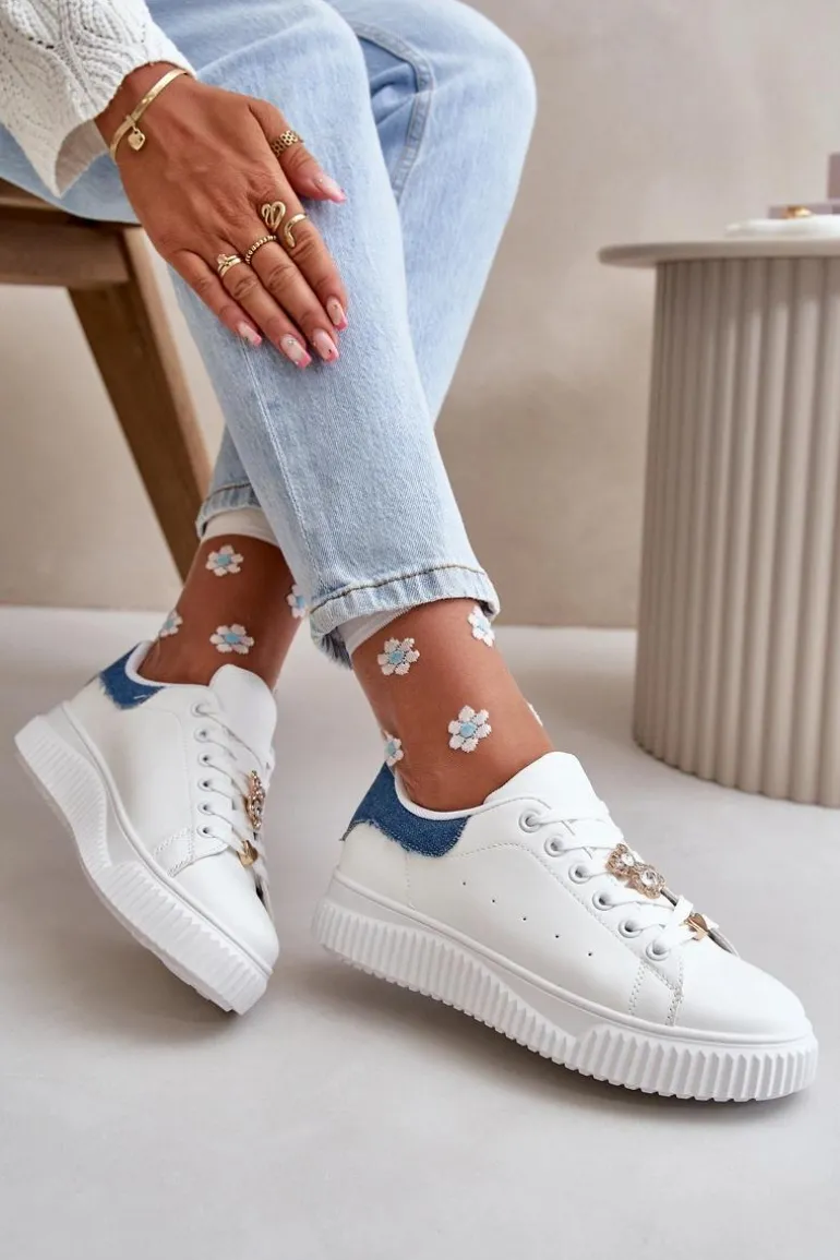 Niskie Trampki Z Eko Skóry Z Przypinkami Biało-Niebieskie Cillione