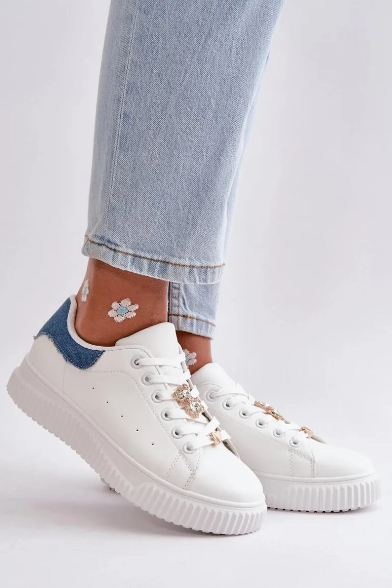 Niskie Trampki Z Eko Skóry Z Przypinkami Biało-Niebieskie Cillione