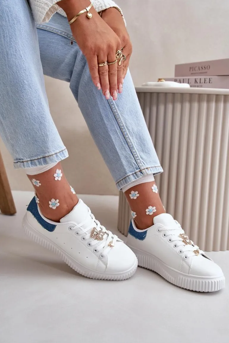 Niskie Trampki Z Eko Skóry Z Przypinkami Biało-Niebieskie Cillione