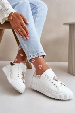 Niskie Trampki Z Eko Skóry Z Przypinkami Biało-Srebrne Cillione