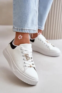 Niskie Trampki Z Eko Skóry Z Przypinkami Biało-Czarne Cillione