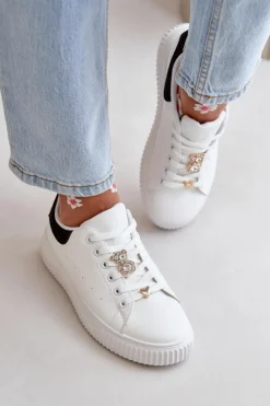 Niskie Trampki Z Eko Skóry Z Przypinkami Biało-Czarne Cillione