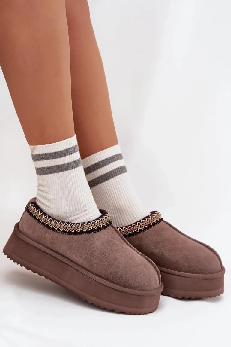 Niskie Zamszowe Śniegowce Damskie Z Haftem Na Platformie Vinceza 97960 Brązowe