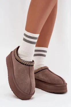 Niskie Zamszowe Śniegowce Damskie Z Haftem Na Platformie Vinceza 97960 Brązowe